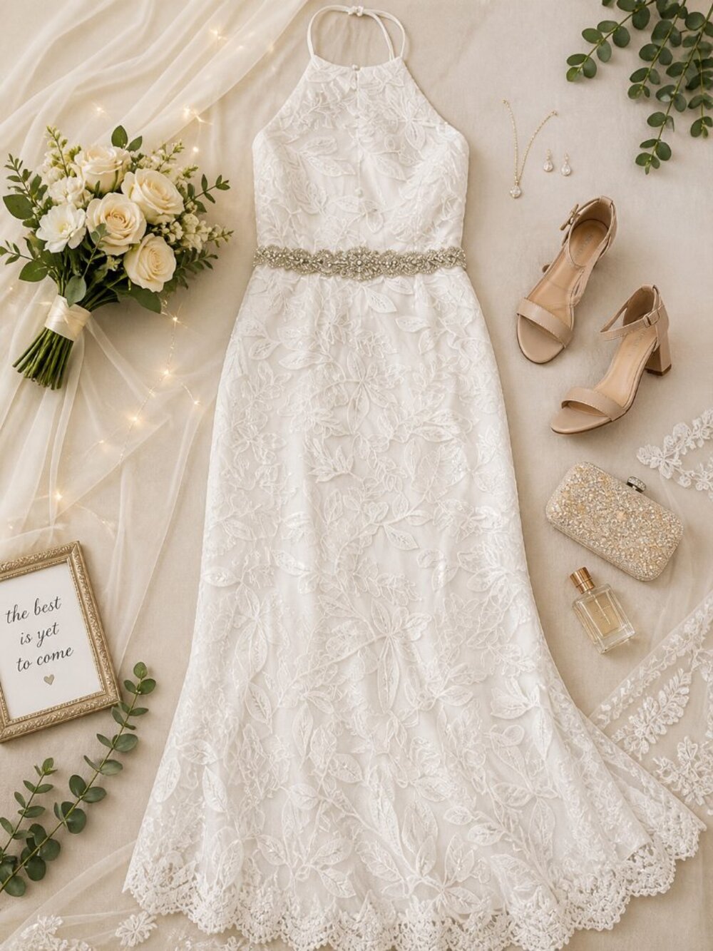 DB Studio White Lace Halter Wedding Dress Beaded Waist Bridal Gown Size 18W